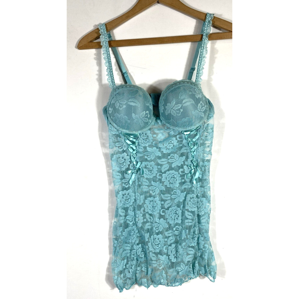 Cassandra Negligee Nightie Sheer Lace Push Up Bra Aqua Blue Bridal Valentines S